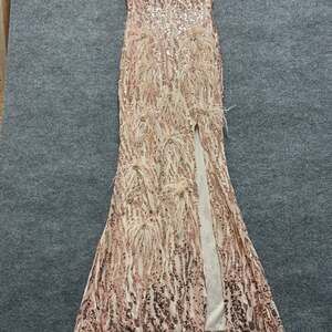 Kalinnu Champagne Rose Gold Sequin Feather Formal Gown